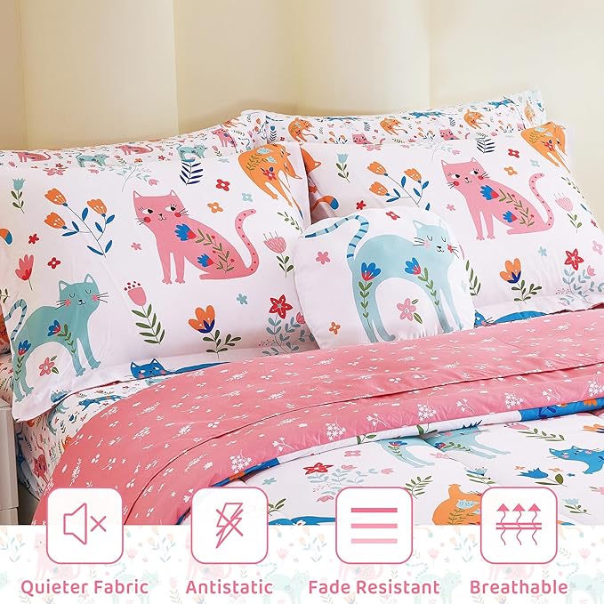 Mooreeke Kids Full Comforter Sets for Girls 8 Pieces Cute Cat Flower Bedding Set for Teens Microfiber Floral Kids Bed in A Bag with Comforter, Sheet Set, Shams and Decorative Toy Pillow All Season