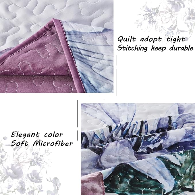 Yogeneg King Size Quilt Set, Elegant Floral Botanical Pattern Purple Bedding Set,3 Piece Lightweight Soft Summer Bedspread Coverlet with 2 PIillow Sham for All Season(Purple Floral,110"x96")