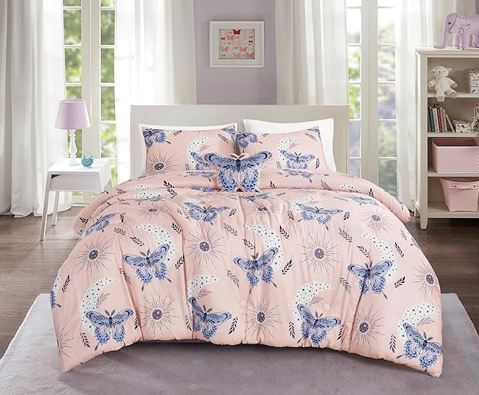 Chezmoi Collection 3-Piece Mystical Butterfly Kids Bedding Set Twin Size - Pink Lavender Blue White Soft Microfiber Comforter Set w/Butterfly Throw Pillow for Kids Teens