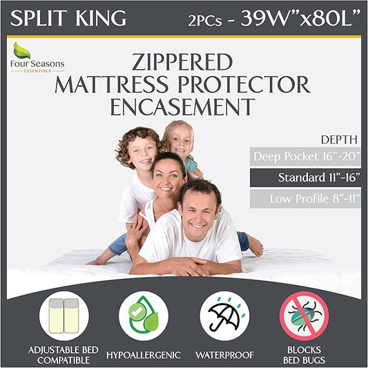 Split King Mattress Encasement 39" x 80" (2PCs Twin XL) - Waterproof Zippered Protector Hypoallergenic Premium Quality Bed Cover for Adjustable Beds and Split Mattresses (11"-16" Depth)