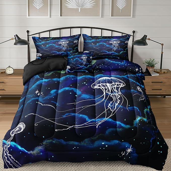 Bedbay Blue Galaxy Bedding Comforter Set Queen Size,Jellyfish Print Ocean Theme Bedding Set,Soft Microfiber Starry Sky Stars Boys Girls Bedroom Quilted Comforter 4 Pieces for All Seasons
