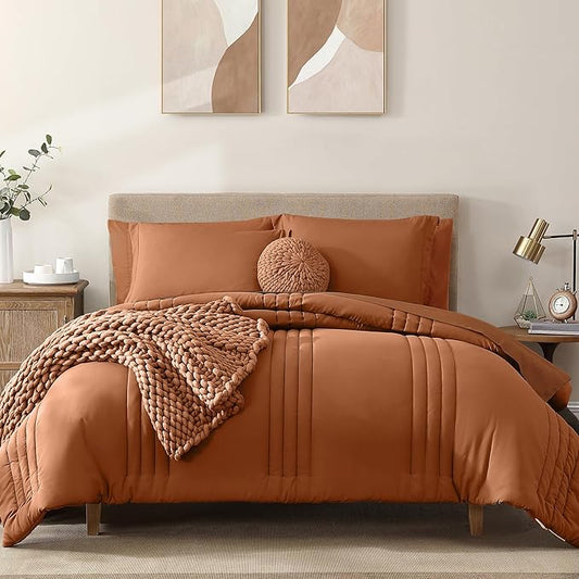 Monbix California King Size Comforter Set - 7 Pieces Bed in a Bag, Burnt Orange Bedding Sets with Comforter, All Seasons Comforter Bed Set with Sheets, Pillowcases & Shams