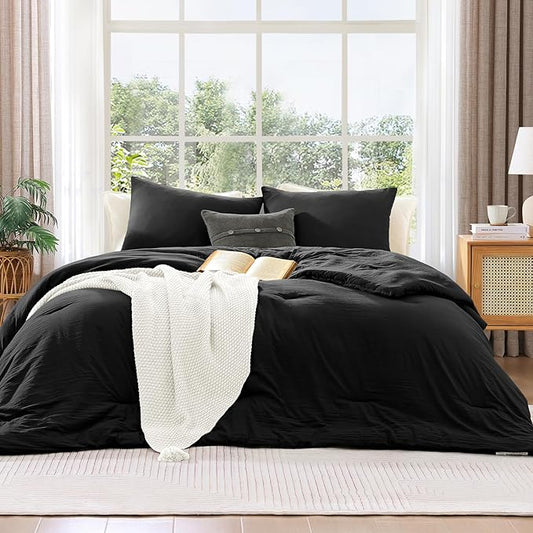 WRENSONGE Comforter Full Size, 3 Piece Black Soft Full Comforter Sets- Warm Bedding Set Full Suitable for All Seasons
