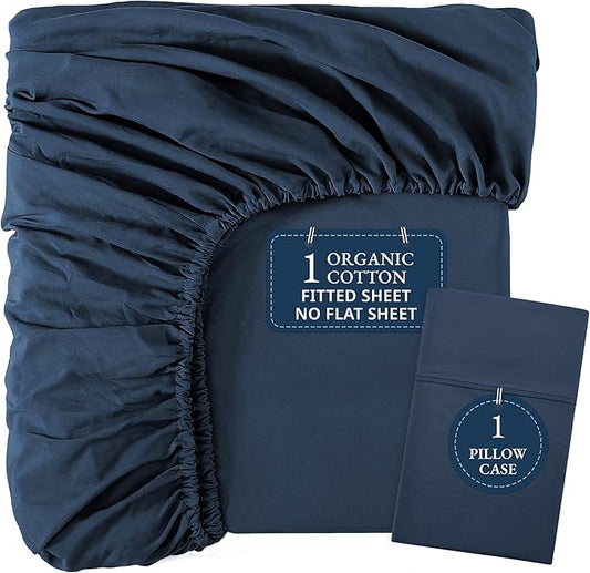 LANE LINEN Twin XL Fitted Sheet, 100% Organic Cotton 2-Piece Set (1 Fitted Sheet, 1 Pillowcase), Percale Weave, Soft, Breathable, Fits Mattress Upto 15" Deep - Estate Blue (No Flat Sheet)