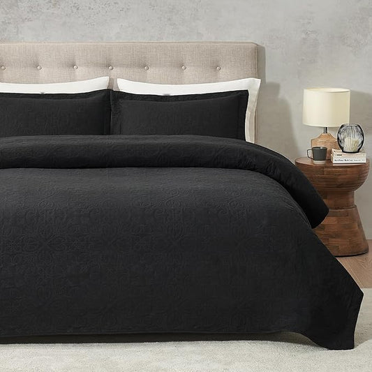 Hansleep Black Quilt King Size - Baroque Ultrasonic All Season Bedspread King, Soft Lightweight Coverlet Bedding Set, 3 Pieces (1 Quilt, 2 Pillow Shams)