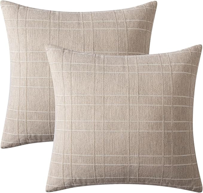MIULEE Decorative Linen Check Euro Shams Throw Pillow Covers Neutral Farmhouse Vintage Pillow Covers 24x24 Set of 2 Boho Modern Home Decor for Sofa Couch Bedroom Cushion Natural Linen