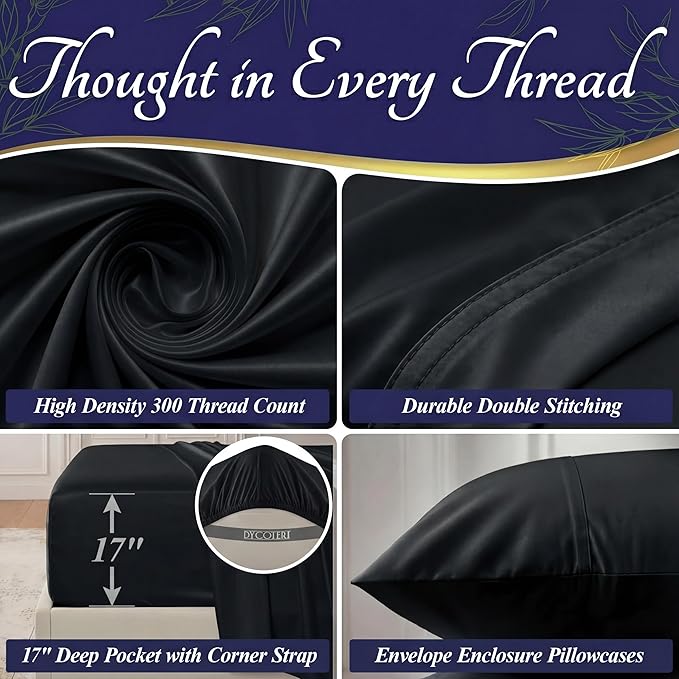 DECOLURE 100% Viscose Derived from Bamboo Sheets Full Size - Luxury 4 Pc Naturally Cooling Sheets, Ultra Soft Bed Set - Deep 17" Pockets, Durable Double Stitching, Oeko Tex Standard (Black)