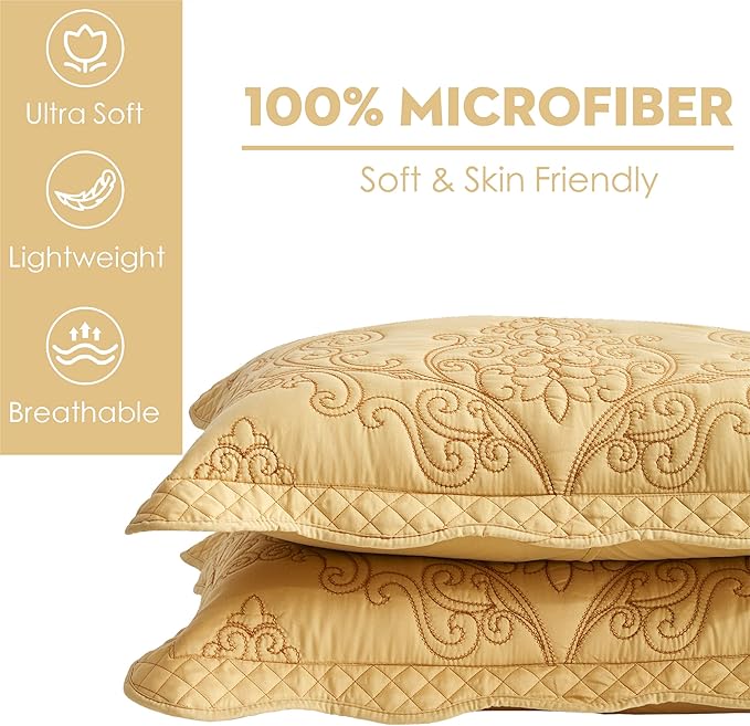 CHIXIN Microfiber King Pillow Shams Set of 2 - Decorative Quilted Pillow Covers - Honey-Gold - Size (20" x 36")