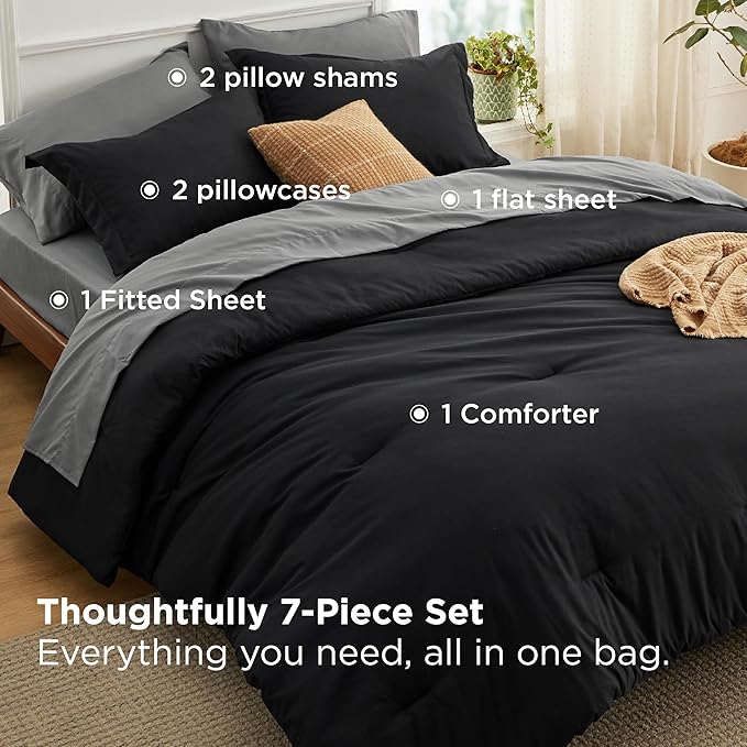 Bedsure Queen Comforter Set - 7 Pieces Black Queen Bedding Set for All Seasons, Boho Contrasting Design Bed in a Bag with Comforter, Sheets, Pillowcases & Shams