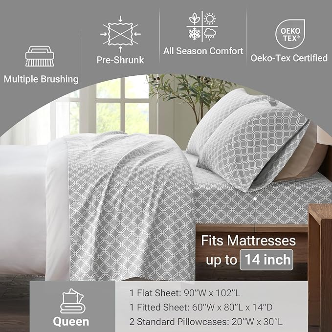 True North by Sleep Philosophy Cozy Flannel 100% Cotton Ultra Soft Cold Weather Sheet Set Bedding, Grey Geo, Queen