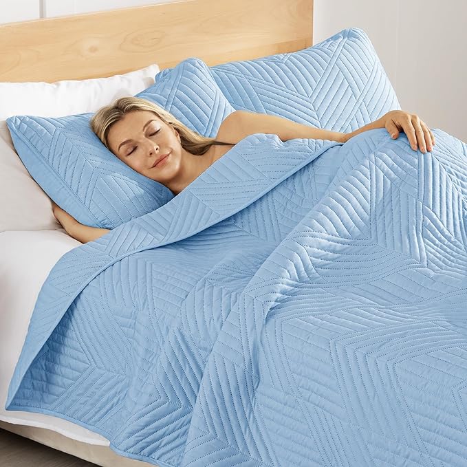 Exclusivo Mezcla Ultrasonic Full Queen Quilt Bedding Set, Lightweight Light Blue Bedspreads Soft Modern Geometric Coverlet Set for All Seasons (1 Quilt and 2 Pillow Shams)