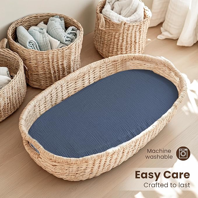 Konssy 2 Pack Muslin Bassinet Sheets for Boys, Girls, 100% Cotton Soft Breathable Fitted Bassinet Mattress Sheet, 32 x 16 inches (Navy,Cream)