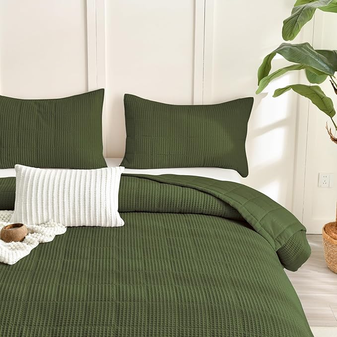Sanracie Cotton Oversized King Bedspread (128"x120"), Olive Green Waffle Weave Quilt Set 3Pcs Extra Large Wide Farmhouse Bedding Set Soft Breathable Aesthetic Bed Coverlet for All Season