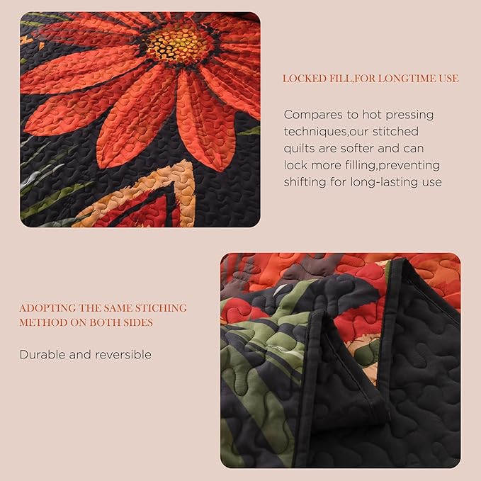 Andency Floral Boho Queen Quilt Bedding Set Black, 3 Pieces Farmhouse Flower Botanical Summer Bedspreads with 2 Shams, Soft Reversible Lightweight Microfiber Coverlet Set for All Season, 90"x96"