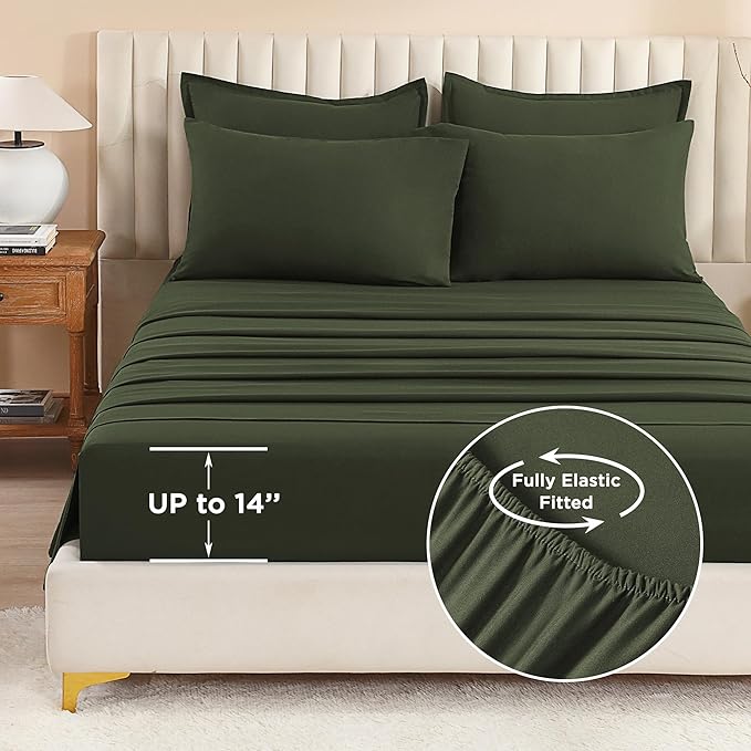 Litanika Oversized Queen Size Comforter Set Olive Green - 7 Pieces Bed in a Bag Oversized Beddding Sets, Solid Lightweight Bed Set with Comforter, Sheets, Pillowcases & Shams