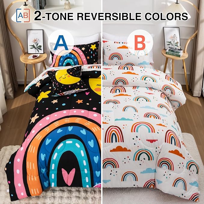 A Nice Night Lightweight Soft Cartoon Rainbow 6Pcs Queen Comforter Sets, Love Hearts Printed Bedding Set for Boys Girls(Black,Queen)