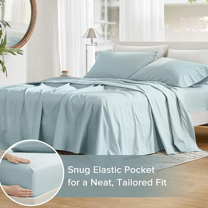 Comfort Spaces 100% Cotton Sheets King, Breathable & Soft Cotton Sheets, Naturally Cool Cotton Bed Sheets with 14" Elastic Pocket Fits up to 16" Mattress, All Season Sheet Set, Light Blue 4 Piece