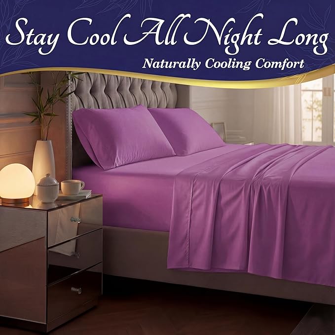 DECOLURE 100% Viscose Derived from Bamboo Sheets Twin Size - Luxury 3 Pc Naturally Cooling Sheets, Ultra Soft Bed Set - Deep 17" Pockets, Durable Double Stitching, Oeko Tex Standard (Purple)