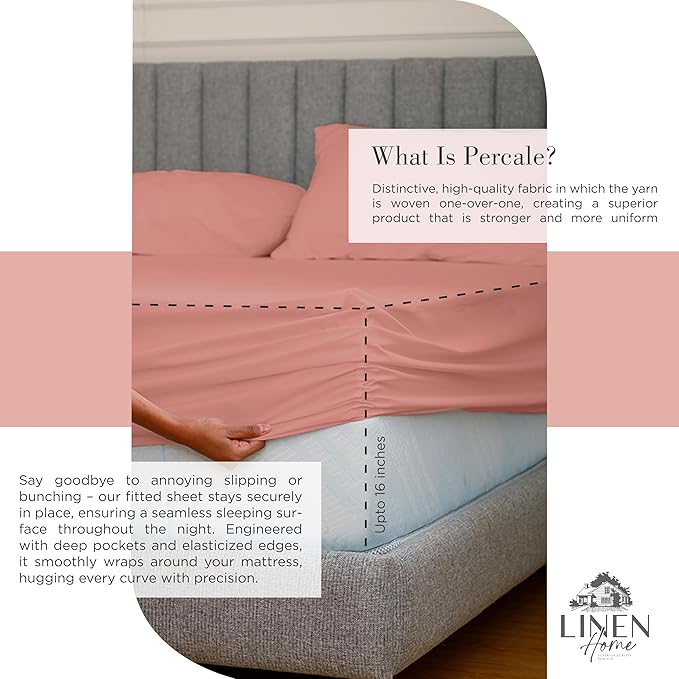 Linen Home 100% Cotton Percale Sheets Twin Size, Rose Clay, Deep Pocket, 3 Pieces Set - 1 Flat, 1 Deep Pocket Fitted Sheet and 1 Pillowcase, Crisp Cool and Strong Bed Linen