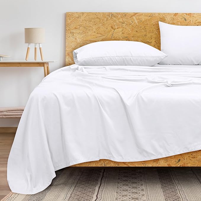 Royale Linens 300 Thread Count 100% Long Staple Combed Cotton Flat Sheet - Super Soft - Top Sheets - Queen Flat Sheet Sold Separately - Breathable, Cool & Crisp Percale Sheets Only (Queen, White)