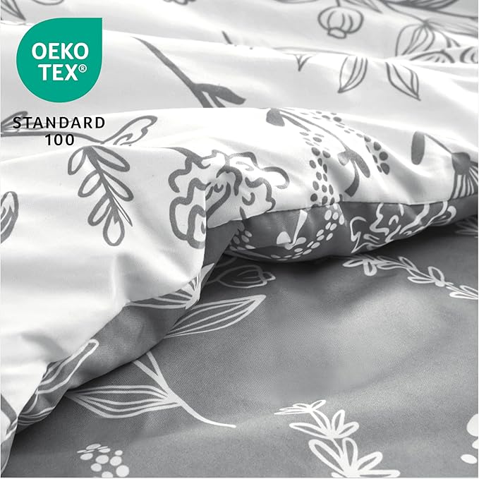 Joiedomi Twin Comforter Set Grey, 2 Pieces Floral Twin Bedding Set with 1 Soft Reversible Botanical Comforter and 1 Pillow Sham, Bed in a Bag for All Seasons