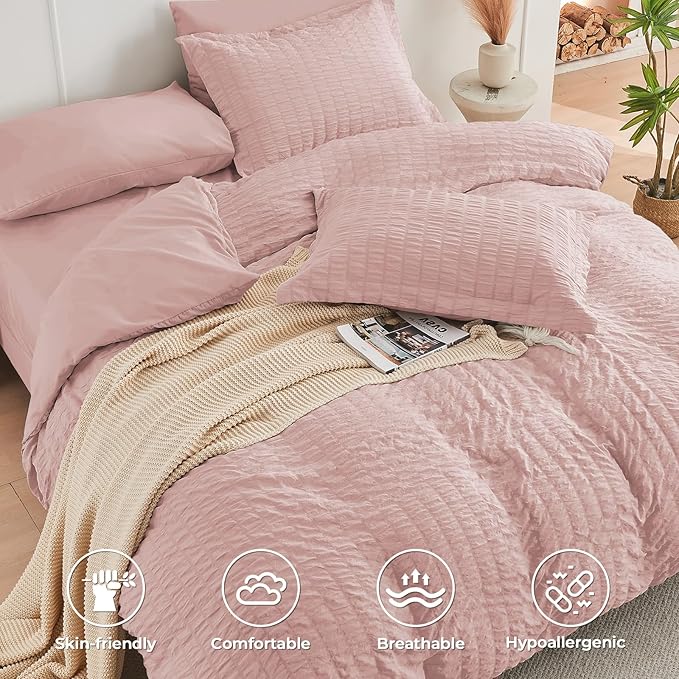 HYMOKEGE Rose Gold Duvet Cover Full Size, Ultra Soft 3-Piece Seersucker Duvet Cover Set with Zipper Closure, Soft Brushed Microfiber Bedding Set with 8 Corner Ties (80"x90", 2 Pillowshams)