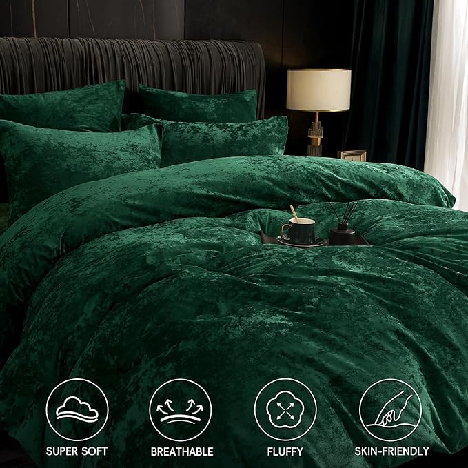 PHF Truly Velvet Duvet Cover Set Queen Size, 3pcs Ultra Soft Breathable Comforter Cover Set, Luxury Cozy Flannel Duvet Cover with Pillow Shams Bedding Collection, 90" x 90", Emerald Green