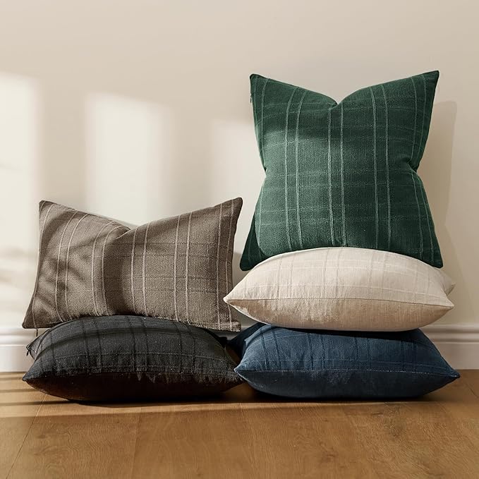 MIULEE Decorative Linen Check Euro Shams Throw Pillow Covers Neutral Farmhouse Vintage Spring Pillow Covers 24x24 Set of 2 Boho Modern Home Decor for Sofa Couch Bedroom Cushion Dark Green