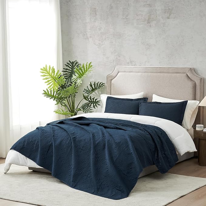 Hansleep Navy Quilt California King Size - Baroque Ultrasonic All Season Bedspread California King, Soft Lightweight Coverlet Bedding Set, 3 Pieces (1 Quilt, 2 Pillow Shams)