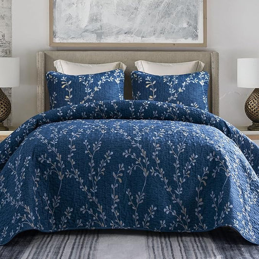 Exclusivo Mezcla Reversible Boho Quilts King Size, Navy Bedspreads Lightweight Coverlet All Season Flowers Quilt Bedding Set with Printed Floral Pattern (1 Quilt, 2 Pillow Shams)