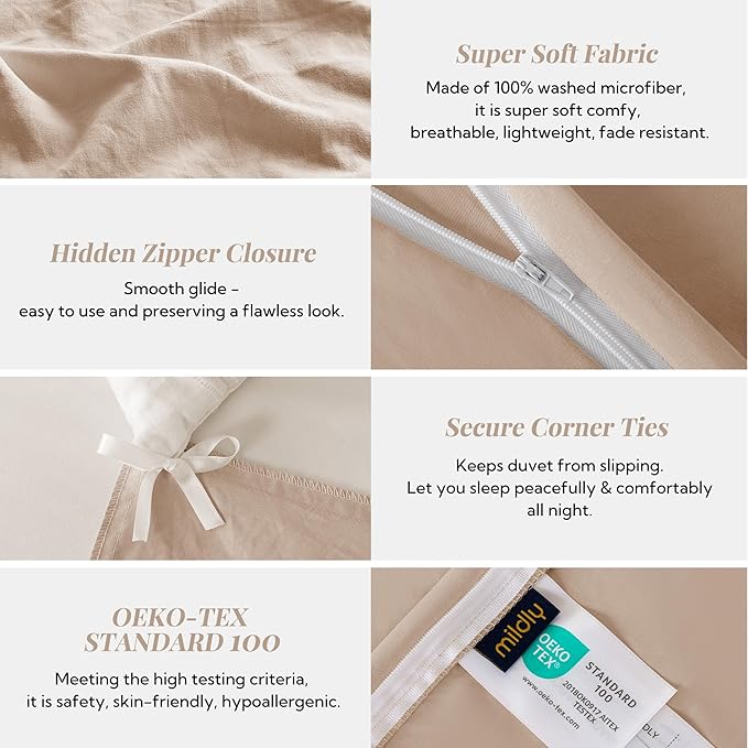 MILDLY Super Soft Duvet Cover 2pcs - 100% Washed Microfiber Rugby Tan Comforter Cover Set with Zipper Closure & Corner Ties (No Comforter)