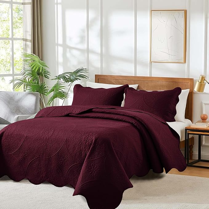 MOONLIGHT20015 8 Pack Quilt King Size Bedding (106" x 96") - Bulk Wholesale for Hotels, Guest Bedroom & Airbnbs - Lightweight Microfiber Reversible Floral Embossed Quilts Bedspreads (Burgundy)