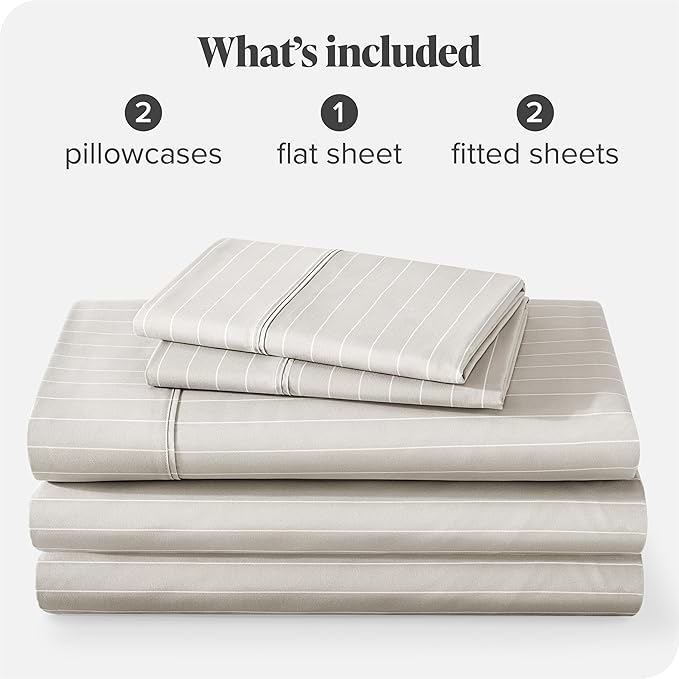 Bare Home Split King Sheet Set - 1800 Ultra-Soft Microfiber Double Brushed - Deep Pockets - Easy Fit - 5 Piece Set - Bed Sheets (Split King, Pinstripe - Stone/White)