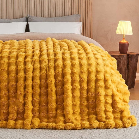 Lotus Karen Faux Fur Throw Blanket Ginger Yellow - Big Bubble Rabbit Fluff Blanket for Couch Bed Sofa,Softest Fluffy Fuzzy Cozy Blanket,Thick Furry Plush Shaggy Warm Blankets for Women,90x90 Inches