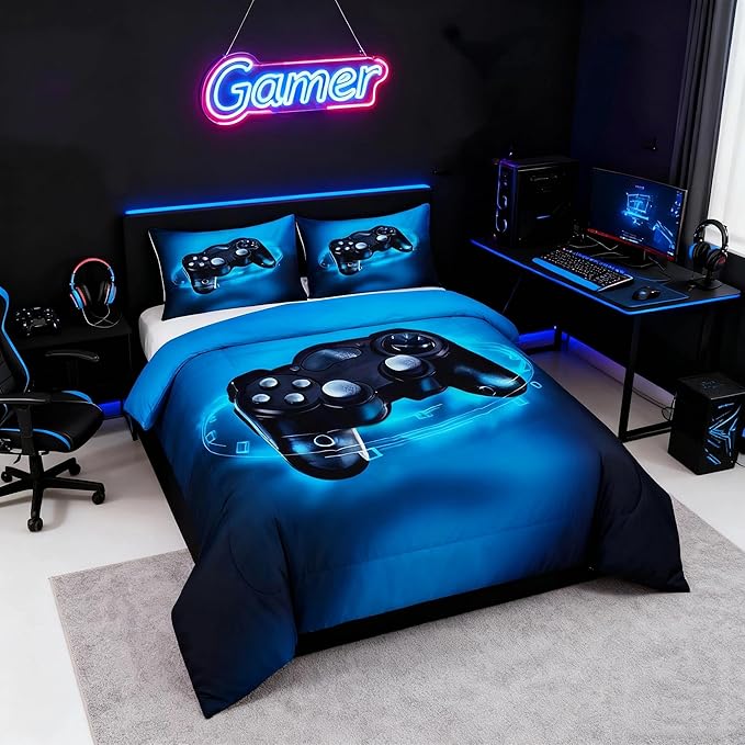 Feelyou Gamer Bedding Set for Boys Full Size Comforter Set Kids Gaming Comforter Blue Gamer Room Decor Video Game Gamepad Bed Set Teens Teenage Bedding Soft Warm 1 Comforter with 2 Pillowcases