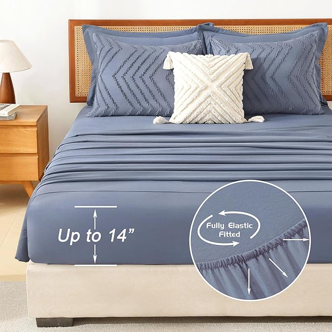 Litanika Full Size Comforter Set with Sheets Bluish Grey - 7 Pieces Bed in a Bag Full Chevron Tufted Complete Bedding Sets with Comforter, Sheets, Pillowcases & Shams