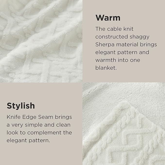 Bedsure Gentlesoft Sherpa Queen Size Blanket for Bed - Fleece Fluffy & Cozy Cable Jacquard Tufted for Women Gift, Thick and Warm Christmas Blanket for Winter, Cream, 90x90 Inches