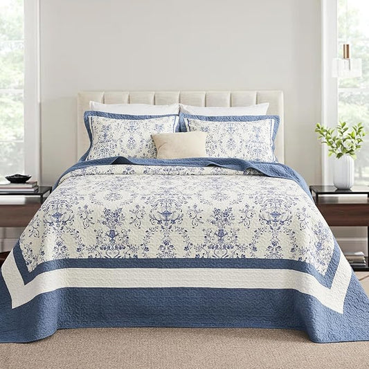 Oversized California King Bedspread - 100% Cotton Lightweight Quilted Coverlet - Soft Reversible Bedding, Medallion Floral Design - Includes 1 Bedspread (128x120)+2 Pillow Shams Blue/White