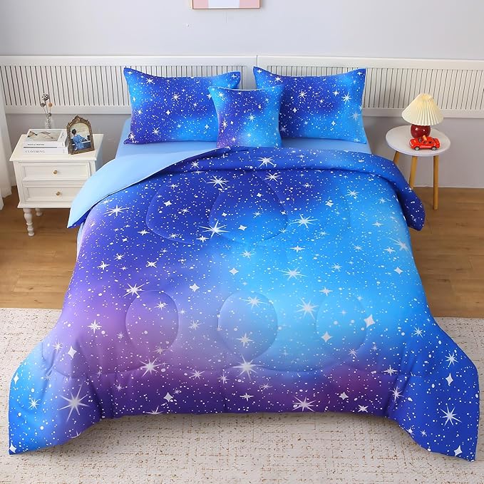 JQinHome Full Ombre Blue Comforter Set, 6 Piece Bed in A Bag 3D Colorful Bedding Sets for Teen Girls (1 Comforter,2 Pillowcases,1 Flat Sheet,1 Fitted Sheet,1 Cushion Cover)(Star Blue)