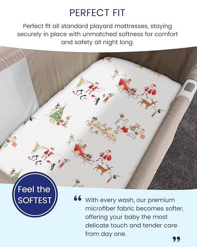Christmas Pack and Play Sheets Fitted, Buttery Soft Graco Pack n Play Sheets for Boys and Girls - Stretchy Microfiber Mini Crib Sheets 2-Pack, Santa Claus, Reindeer, X-mas Elf