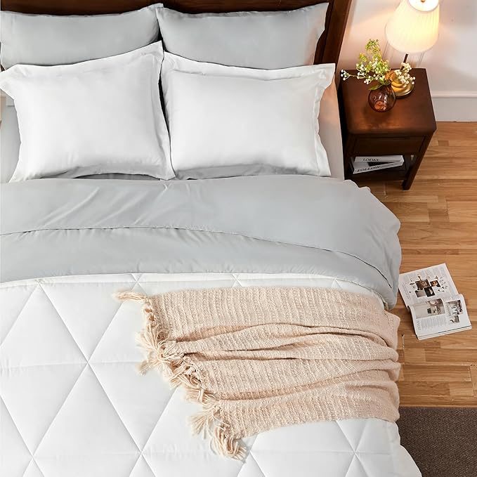 BEDELITE Twin XL Comforter Set 5 Pieces Bed in A Bag - Soft Microfiber Reversible Twin Extra Long White Bed Set with Comforters, Sheets, Pillowcase & Sham, Cozy Bedding Sets for College Dorm Room