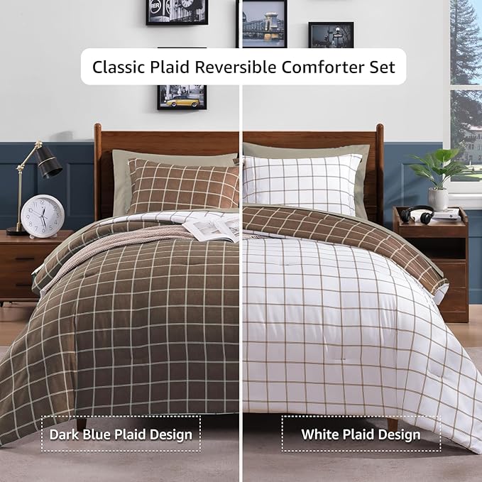 Plaid Twin XL Comforter Set Brown, Reversible Checkered Bedding Set 5 Pieces for Boys Girls Teen, Lightweight Bed in a Bag for Dorm with Sheets, Pillowcase & Sham