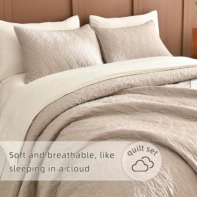 Lady Ann Oversized King Bedspreads 128x120, Extra Large 3 Pieces Leaves Print Summer Oversized Quilts Coverlet for King Bed Linen Feel Ultra Soft Lightweight and Thin Bedspreads & Coverlets Bed Set