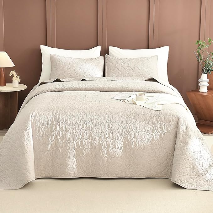 Lady Ann Oversized King Bedspreads Set for 120x120 Extra Bed, Wheat Leaves Print Summer Lightweight California King Quilt Coverlet Ultra Soft Luxurious Thin Comforter Bed Cover