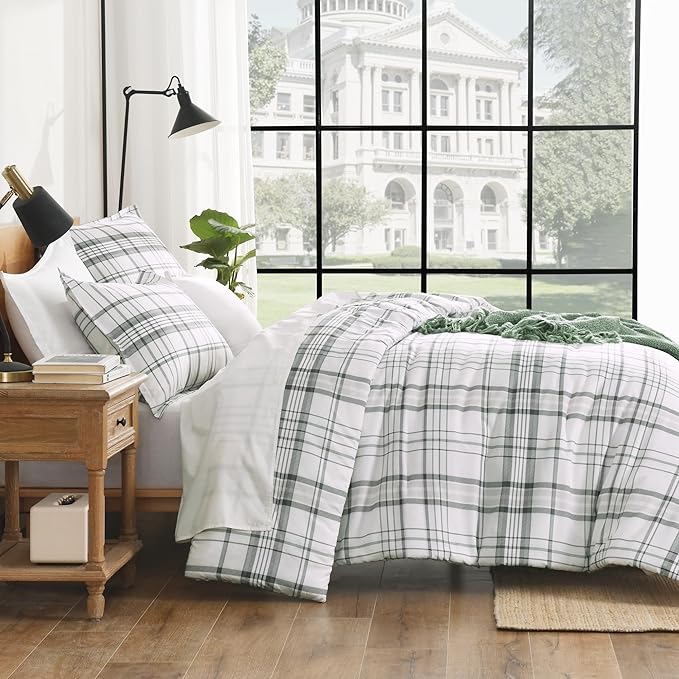 Andency Green White Plaid Comforter Set Full(79x90Inch), 3 Pieces Preppy Grid Gingham Stripes Bedding Comforter Sets for Boys Girls Kids Teens, Green Line Soft Lightweight Geometric Reversible Bed Set