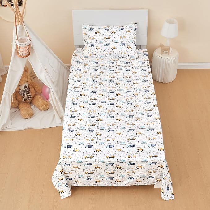 Kids Sheet Set Full Size, Boys Full Sheet Set with White Car Pattern，Breathable Silky Soft Microfiber Kids Fitted Sheet