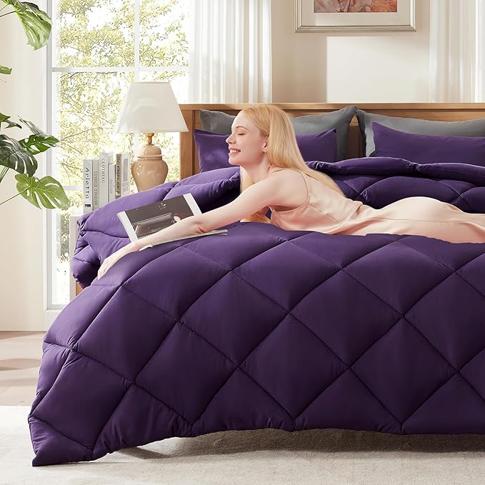 Decroom Lightweight California King Comforter Set with 2 Pillow Sham - 3 Pieces Set - Quilted Down Alternative Comforter/Duvet Insert for All Season - Purple - Cal King Size