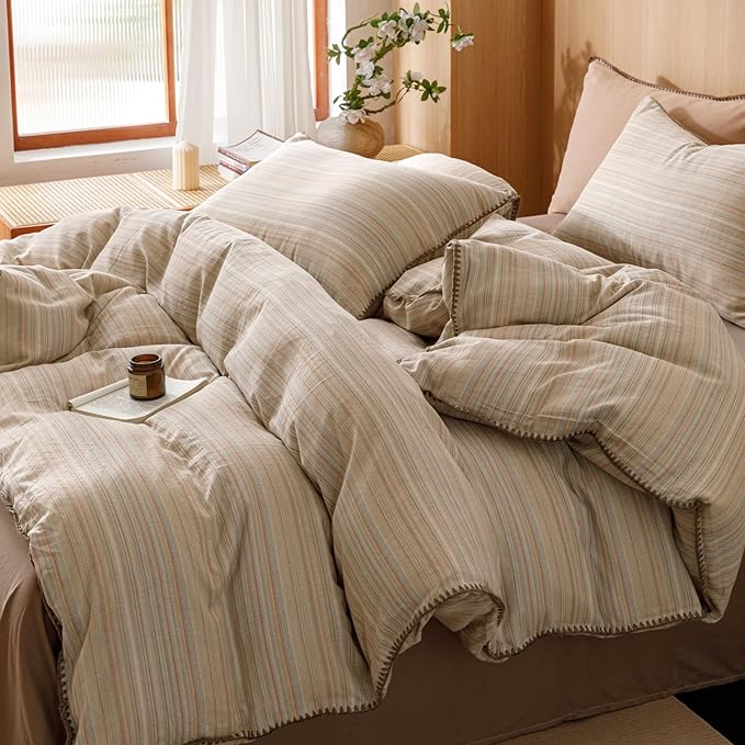VM VOUGEMARKET Brown Tan Duvet Cover King Striped Pattern Yarn Dyed Muslin Cotton Duvet Cover with Embroidered Edge Super Soft Cozy Bedding Set for Men Women,King Size