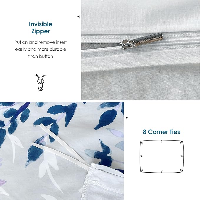 Style Quarters 3PCS King Duvet Cover Set 100% Cotton Duvet Cover with White Leafy Silhouettes Cotton Duvet Cover King Size Machine Washable Includes 1 Duvet Cover + 2 Shams (King)