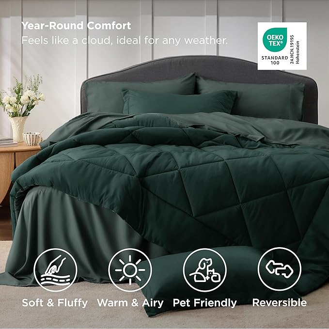 Bedsure King Comforter Set - 7 Pieces Reversible Emerald Green Bedding, King Size Bed Set for All Seasons, Bed in a Bag with Down Alternative Comforter, Sheets, Pillowcases & Shams